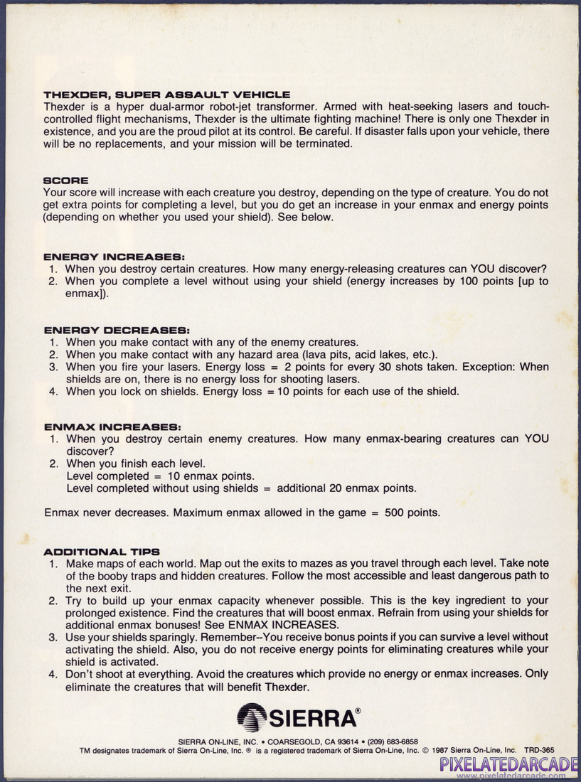 Thexder: Instruction Sheet - Page 3