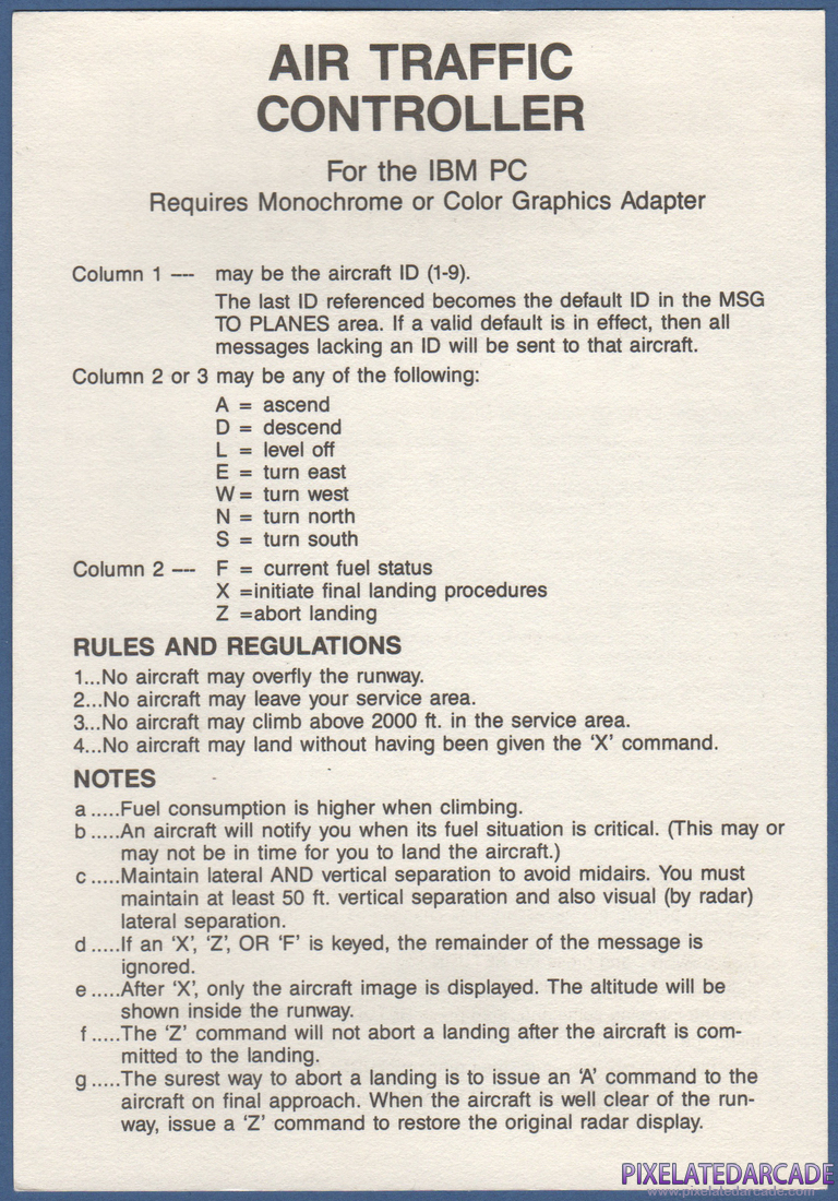 Air Traffic Controller: Instruction Manual - Back