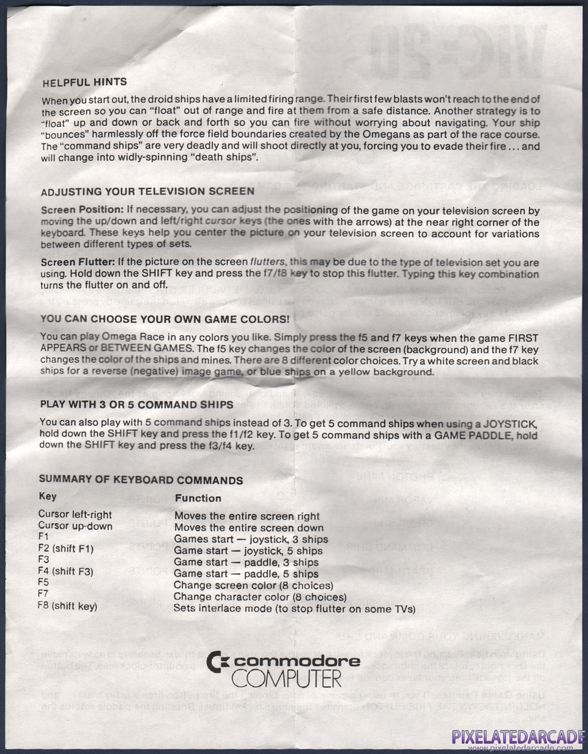 Omega Race: Instruction Manual - Back