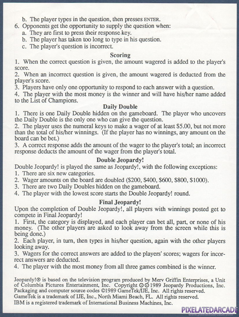 Jeopardy! 25th Anniversary Edition: Game Instructions - Back