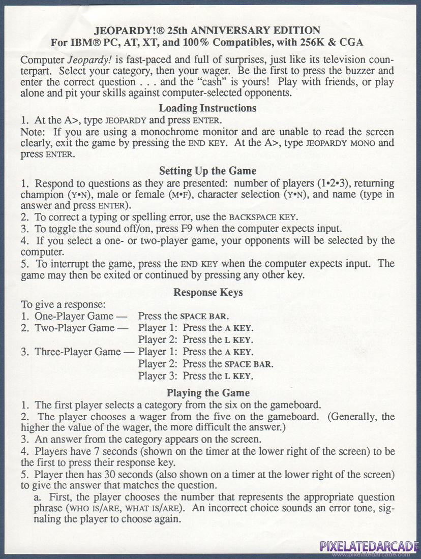 Jeopardy! 25th Anniversary Edition: Game Instructions - Front