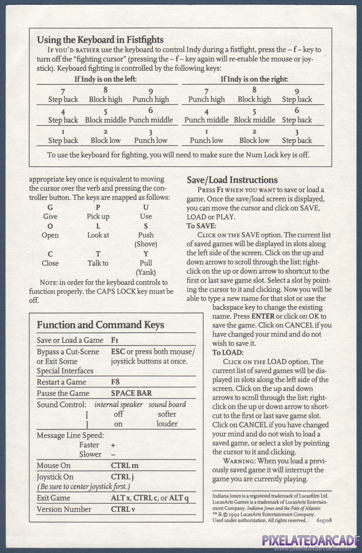 Indiana Jones and the Fate of Atlantis: Reference Card - Back