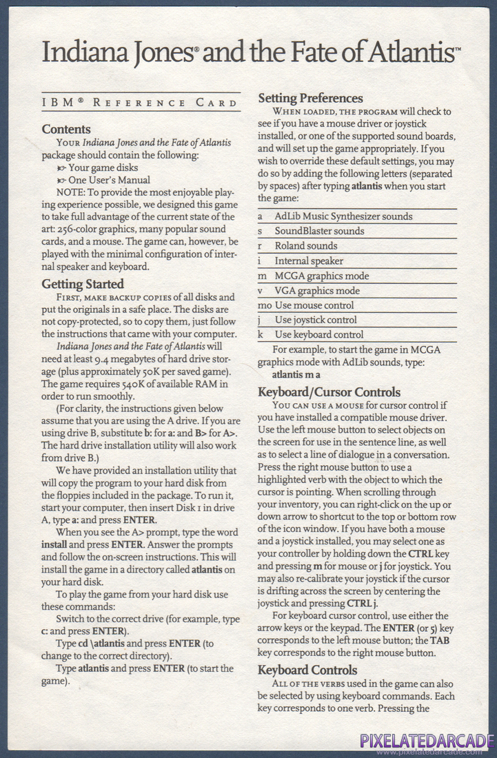 Indiana Jones and the Fate of Atlantis: Reference Card - Front