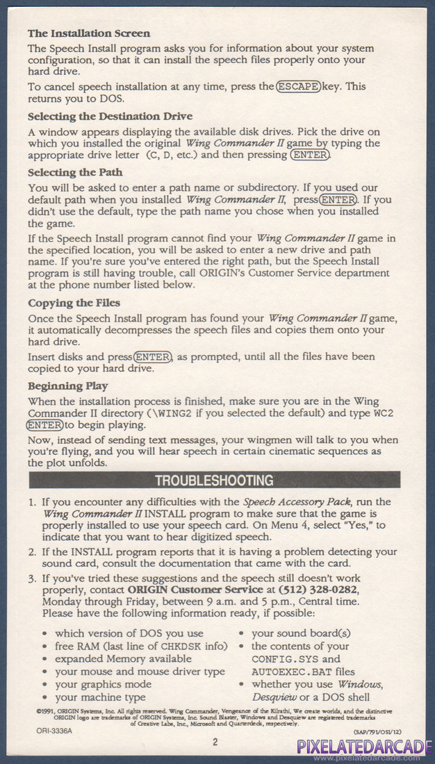 Wing Commander II: Vengeance of the Kilrathi - Speech Accessory Pack: Installation Guide - Back