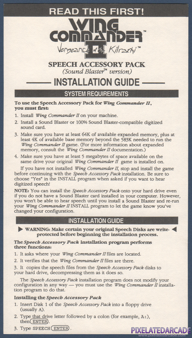 Wing Commander II: Vengeance of the Kilrathi - Speech Accessory Pack: Installation Guide - Front