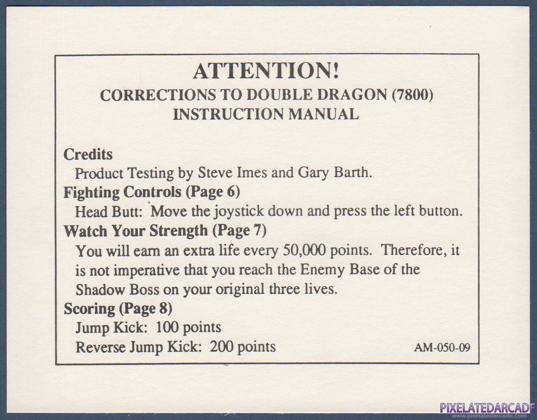 Double Dragon: Instruction Manual - Addendum