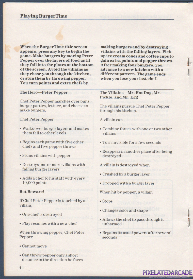 BurgerTime: Instruction Manual - Page 4