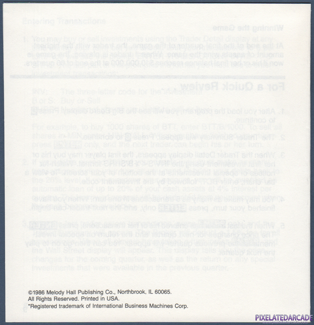 Wall Street: Instruction Manual - Back Cover