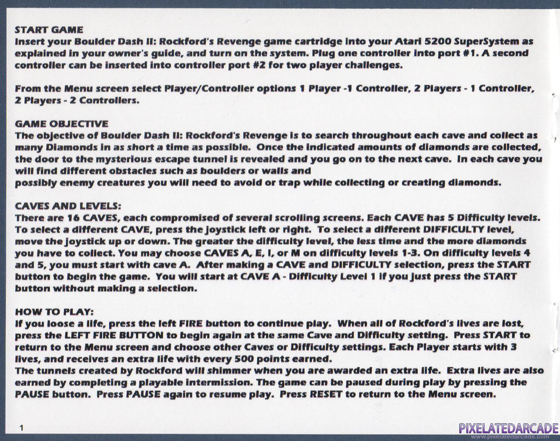Boulder Dash II: Rockford's Revenge: Instruction Manual - Page 1