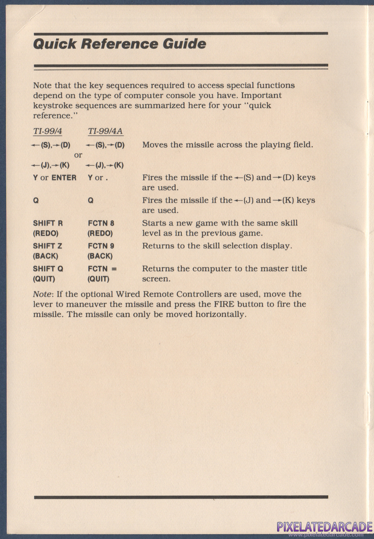 TI Invaders: Instruction Manual - Quick Reference Guide