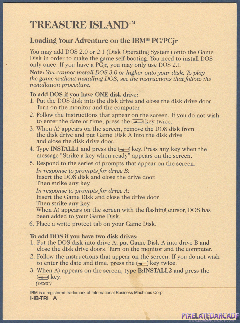 Treasure Island: IBM PC Version Addendum - Front