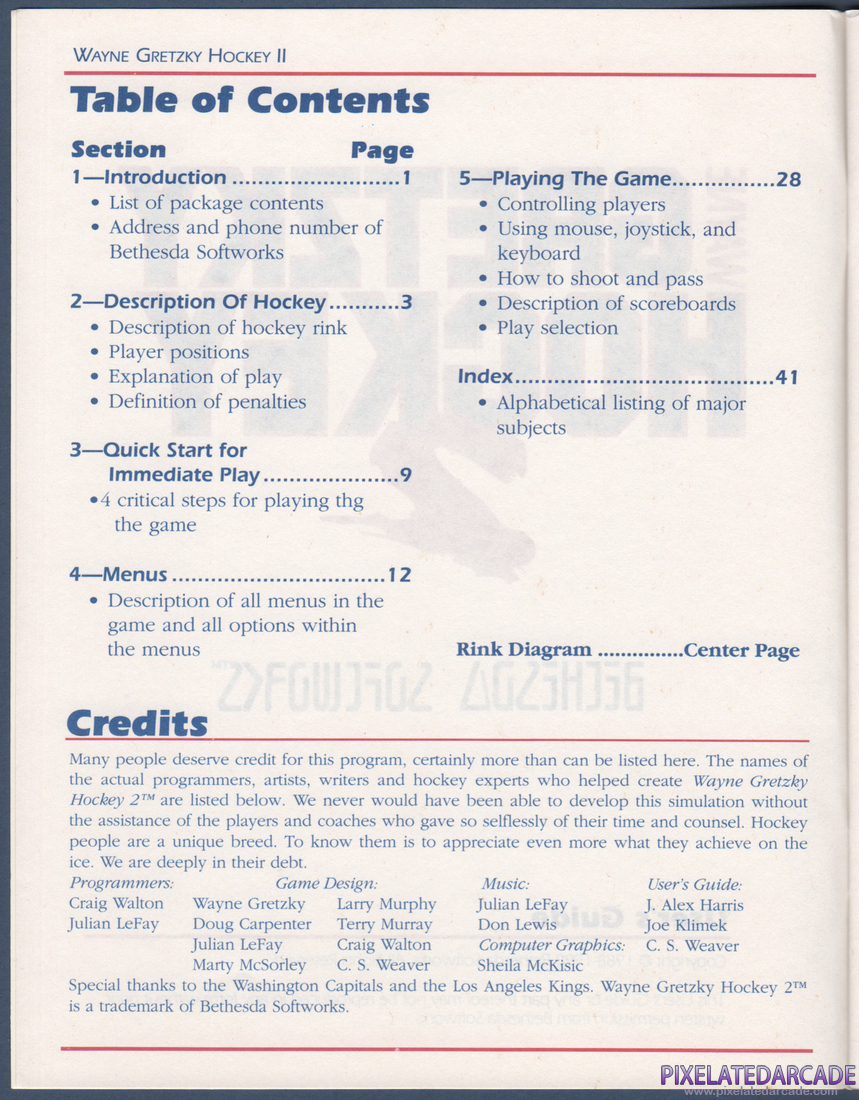 Wayne Gretzky Hockey 2: Instruction Manual - Table of Contents
