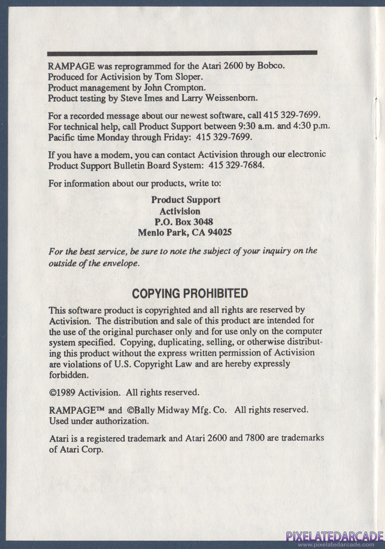 Rampage: Instruction Manual - Copyright