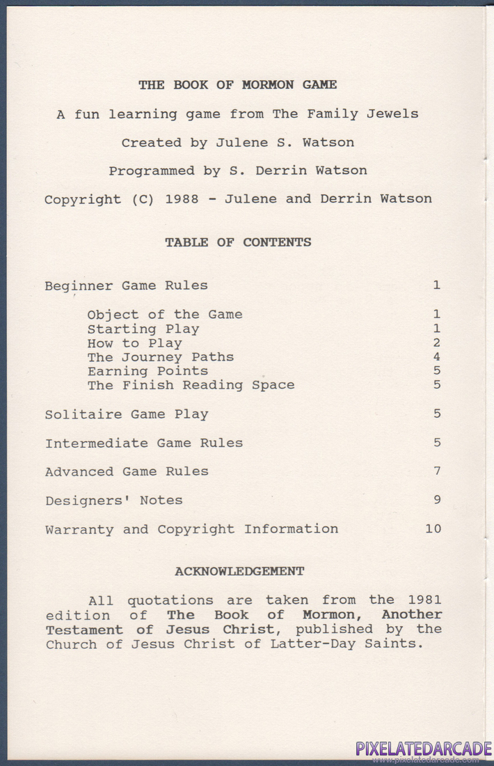 The Book of Mormon Game: Instruction Manual - Inside Cover