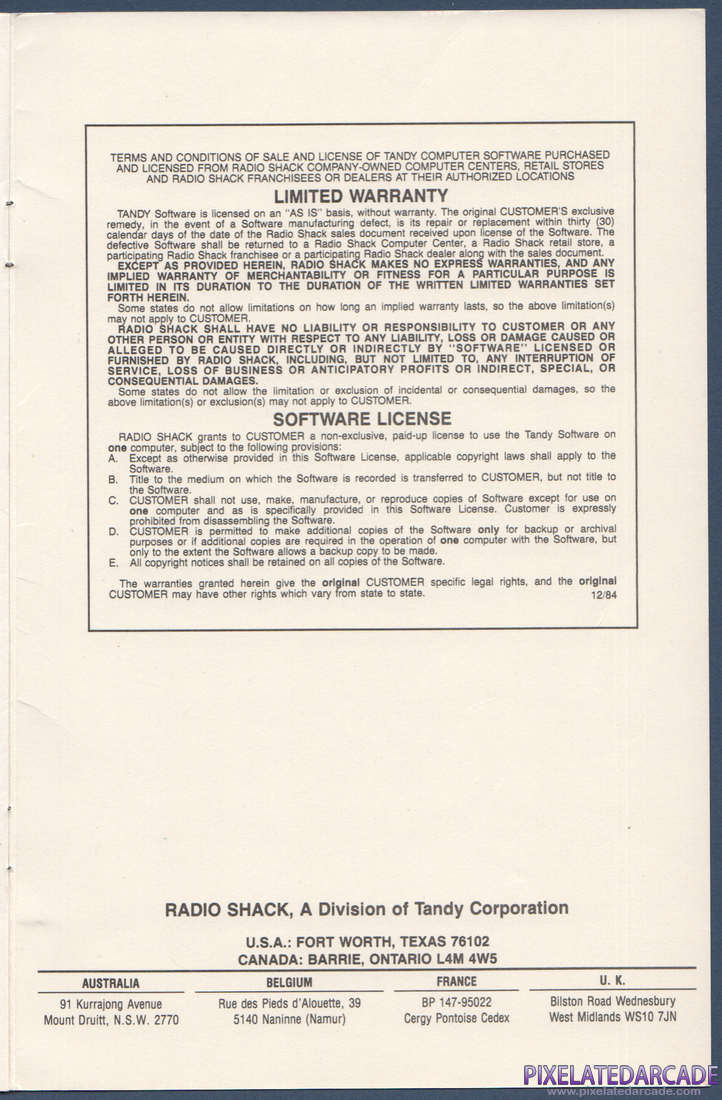 Touchdown Football: Instruction Manual - Inside Cover - Back