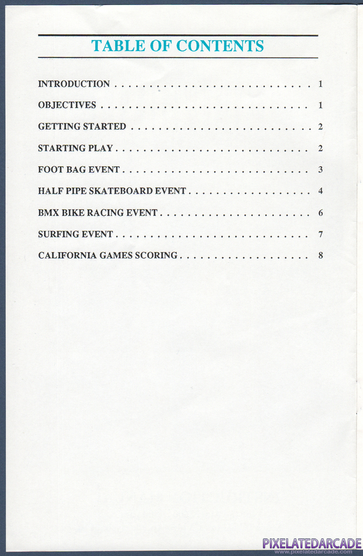 California Games: Instruction Manual - Table of Contents