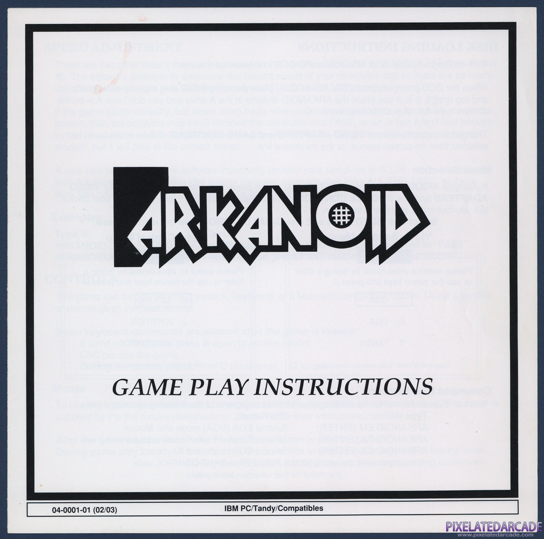 Arkanoid: Instruction Manual - Page 1
