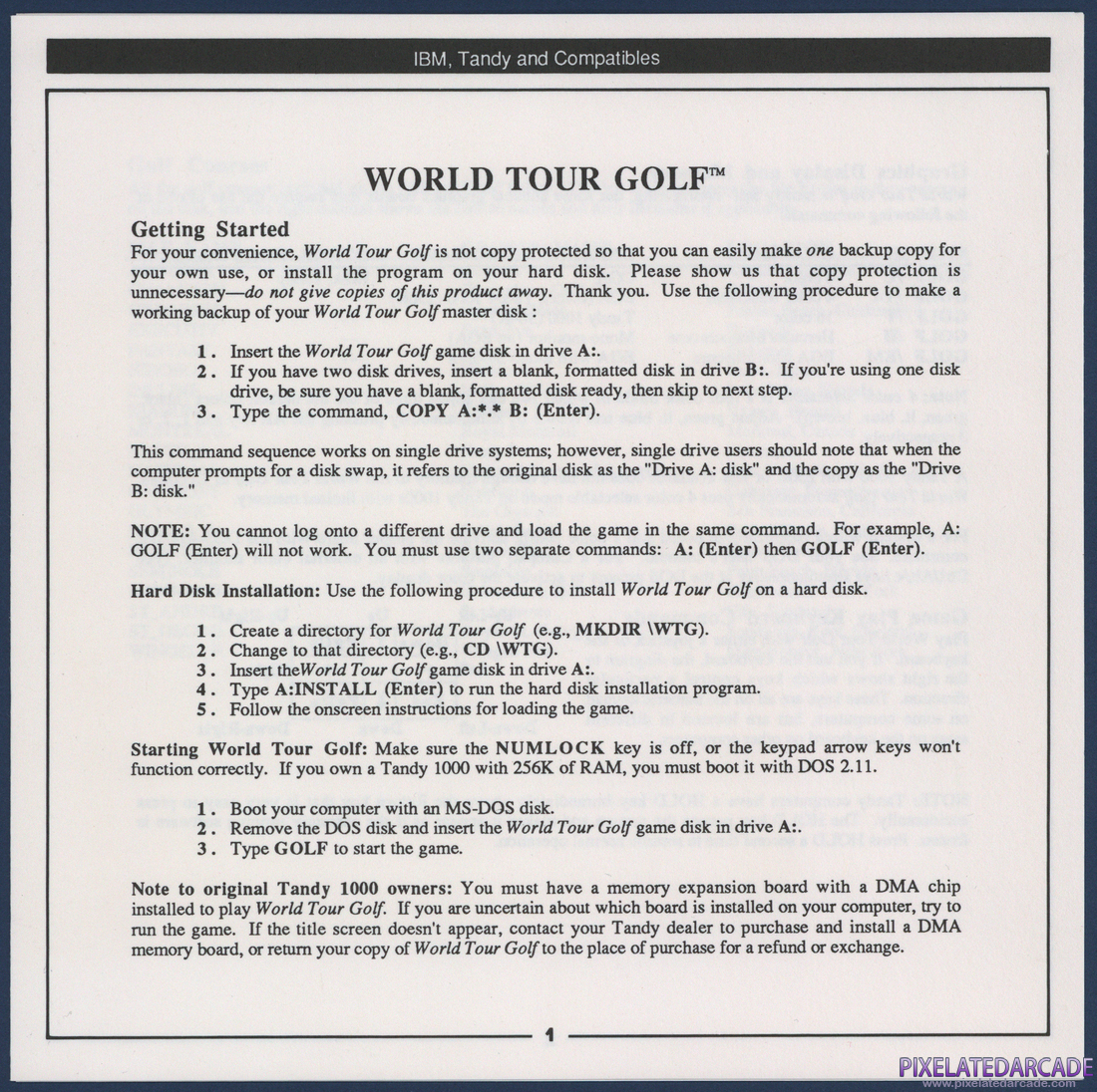 World Tour Golf: IBM / Tandy Command Summary - Page 1