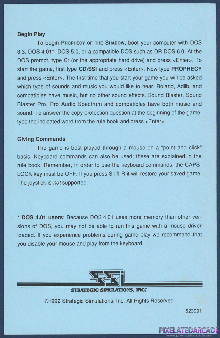 Prophecy of the Shadow: IBM version Data Card - Back
