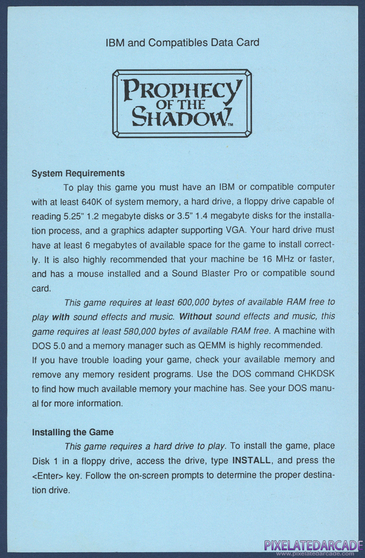 Prophecy of the Shadow: IBM version Data Card - Front