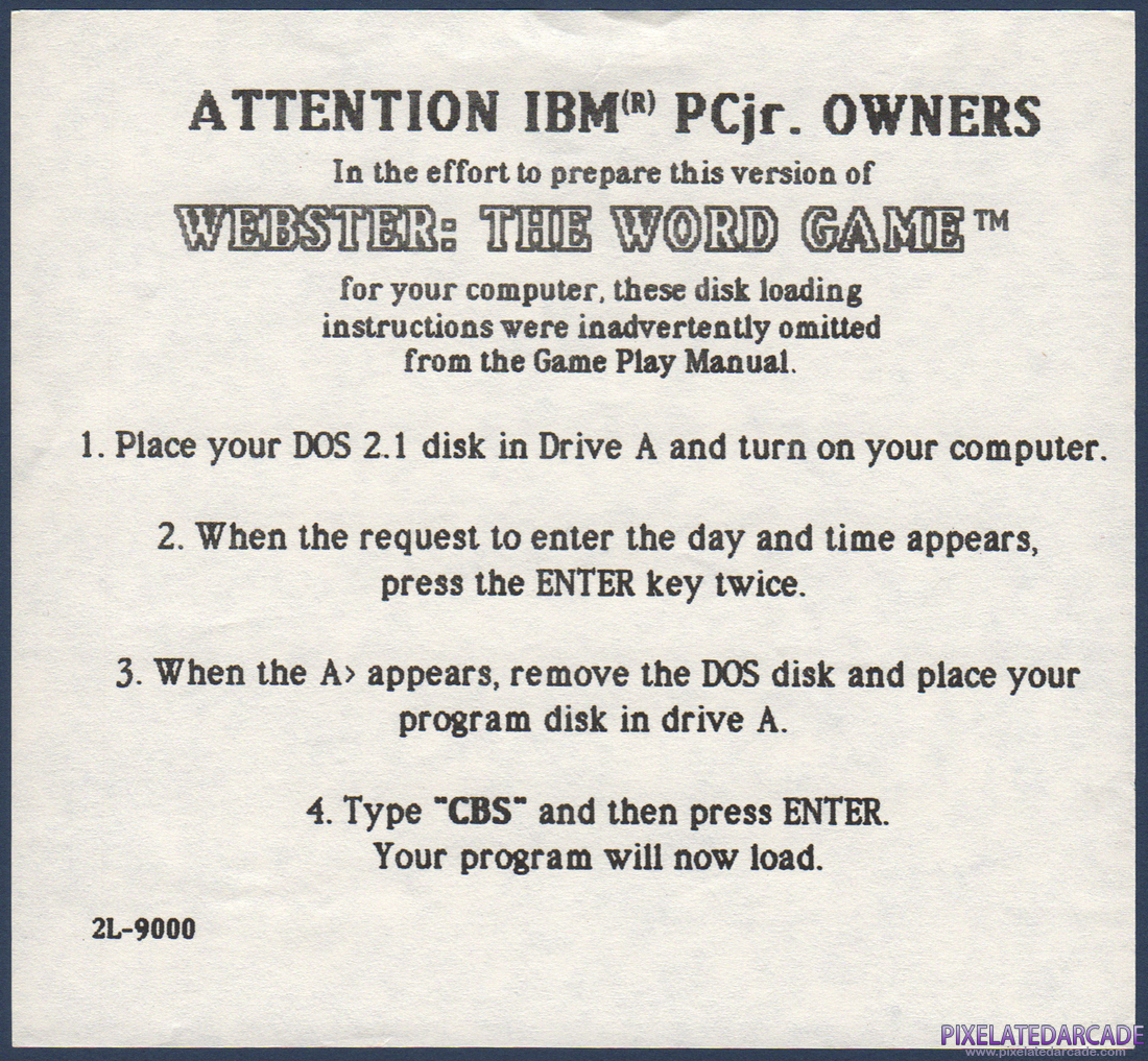 Webster: The Word Game: Instruction Manual - PCjr Addendum