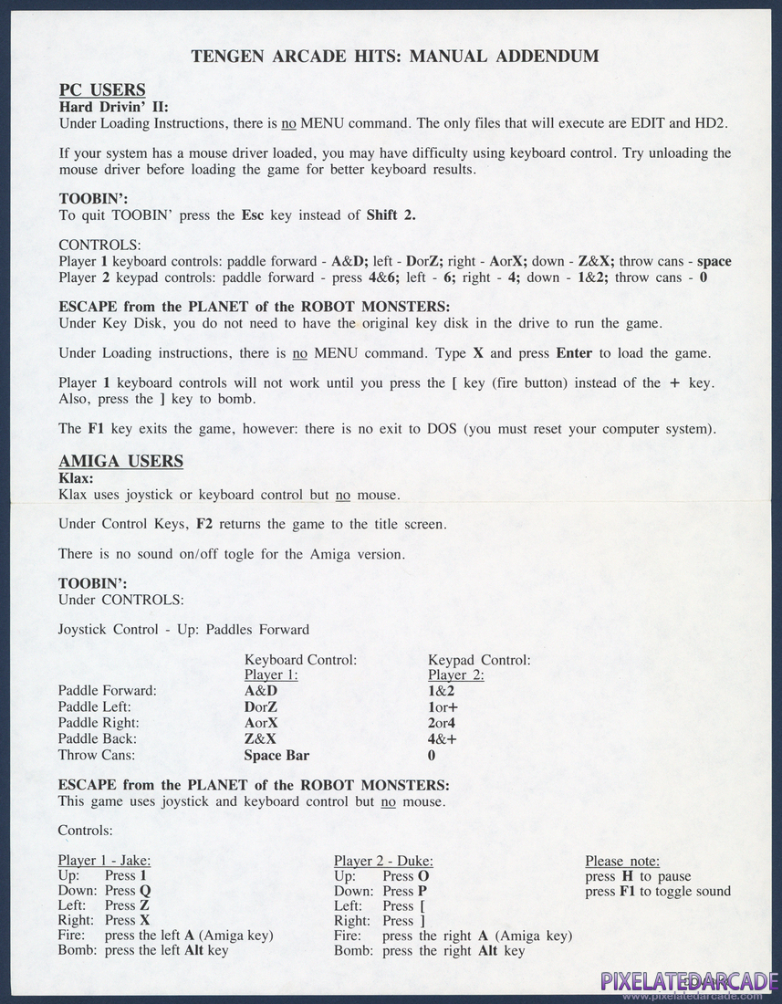 Tengen's Arcade Hits: Instruction Manual - Addendum