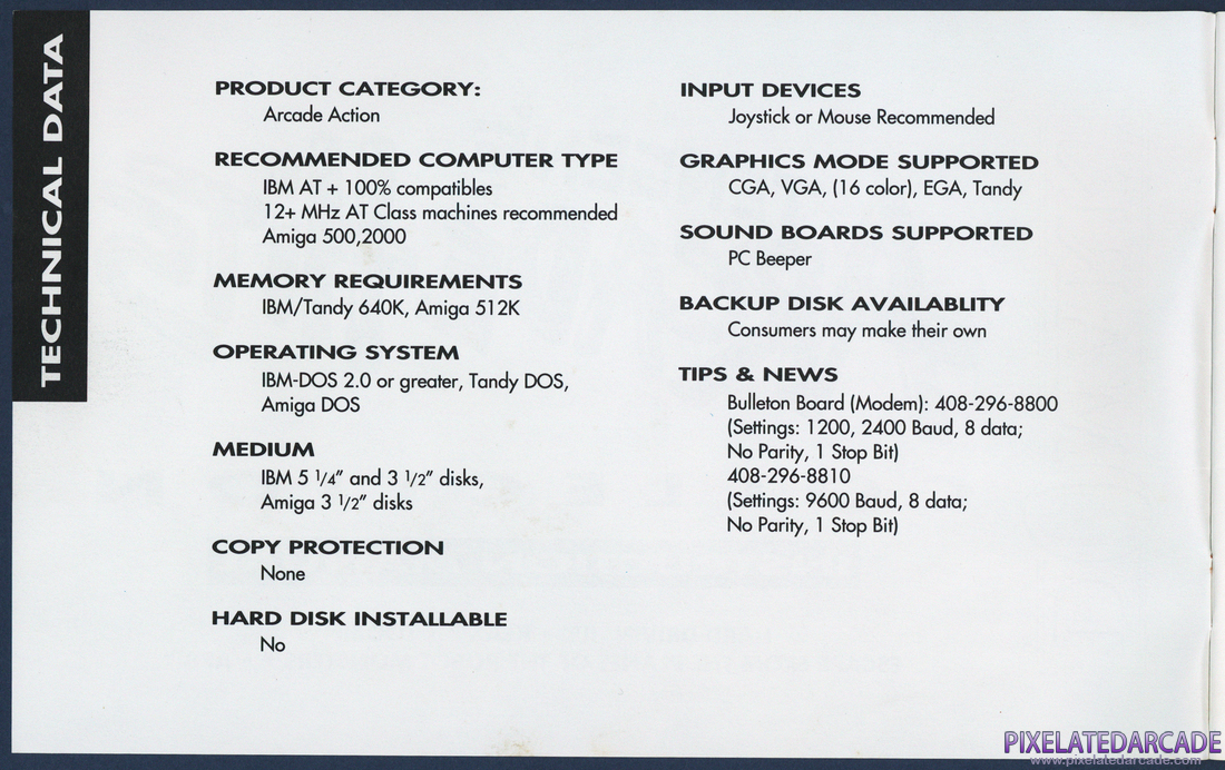 Tengen's Arcade Hits: Instruction Manual - Technical Data