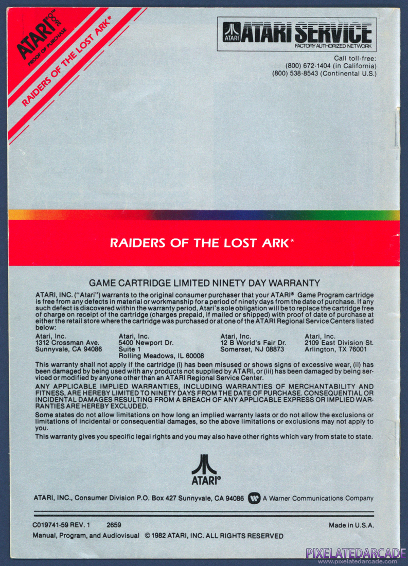 Raiders of the Lost Ark: Instruction Manual - Back Cover