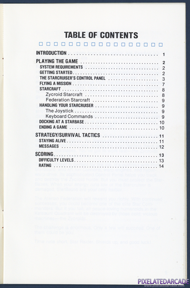 Star Raiders: Instruction Manual - Table of Contents