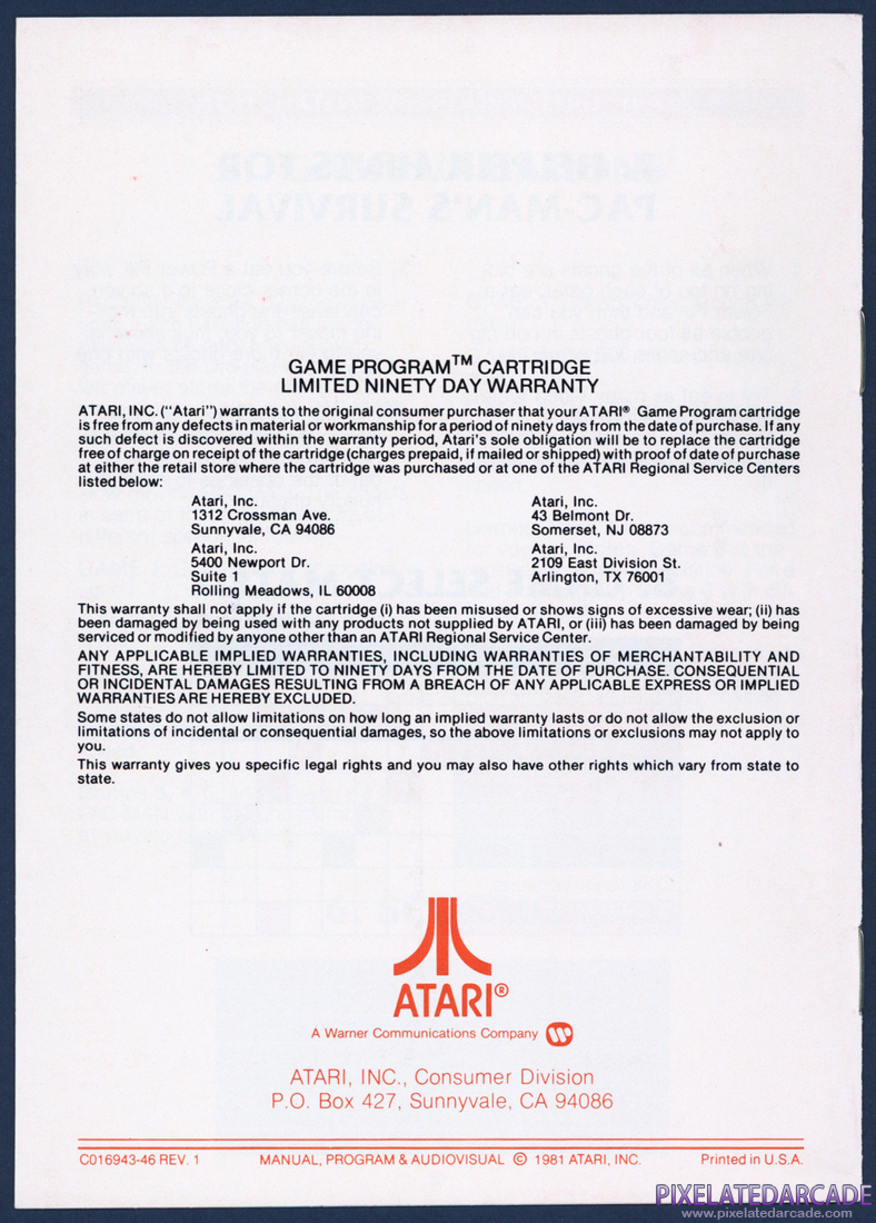 Pac-Man: Instruction Manual - Back Cover