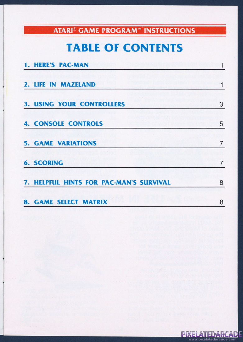 Pac-Man: Instruction Manual - Table of Contents