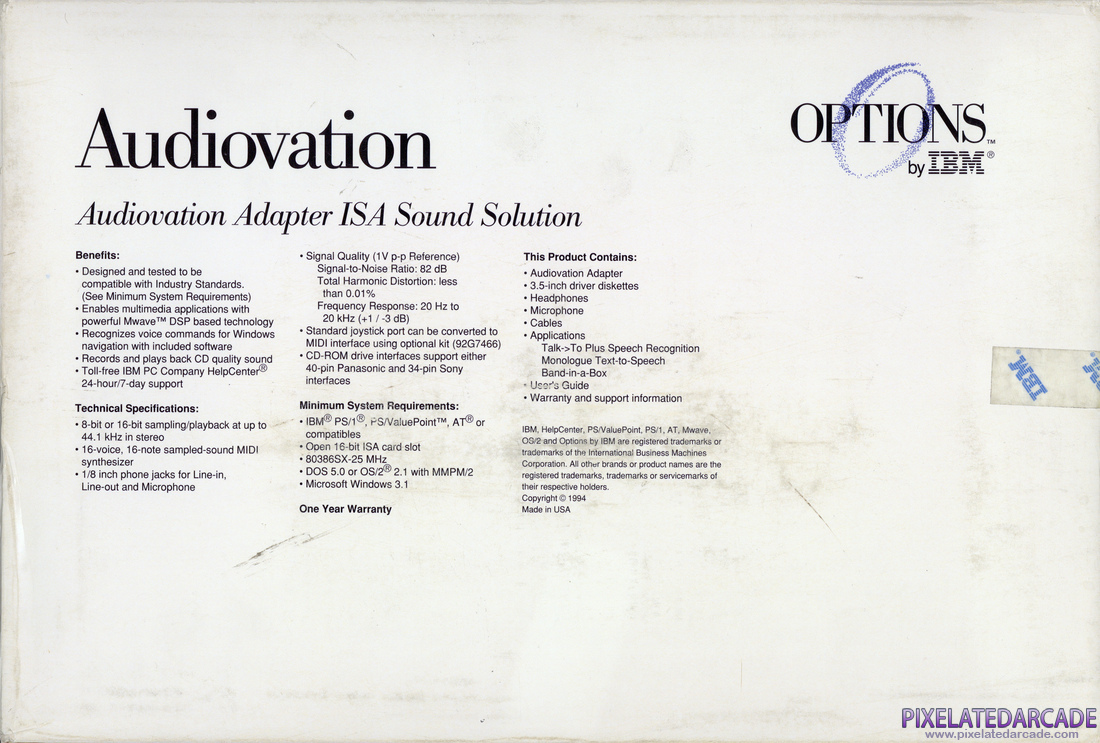Photo: IBM Audiovation Adapter sound card - Box Back Photo: IBM Audiovation Adapter sound card - Box Back