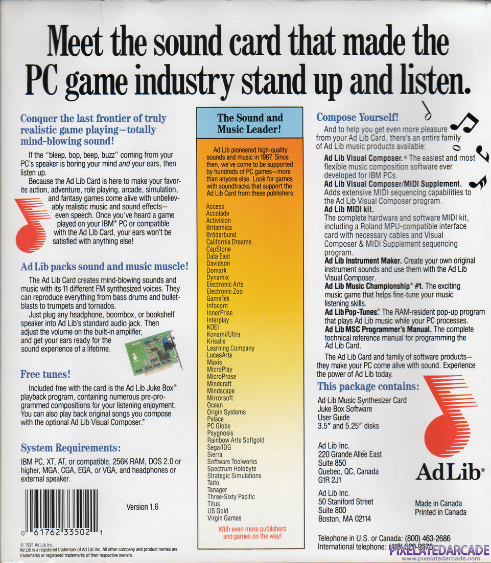 AdLib Music Synthesizer Photo: AdLib card box back