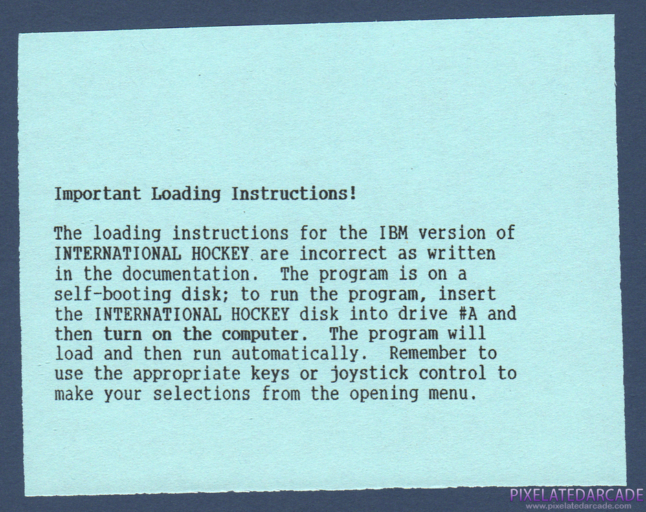 International Hockey Package Contents: IBM version addendum