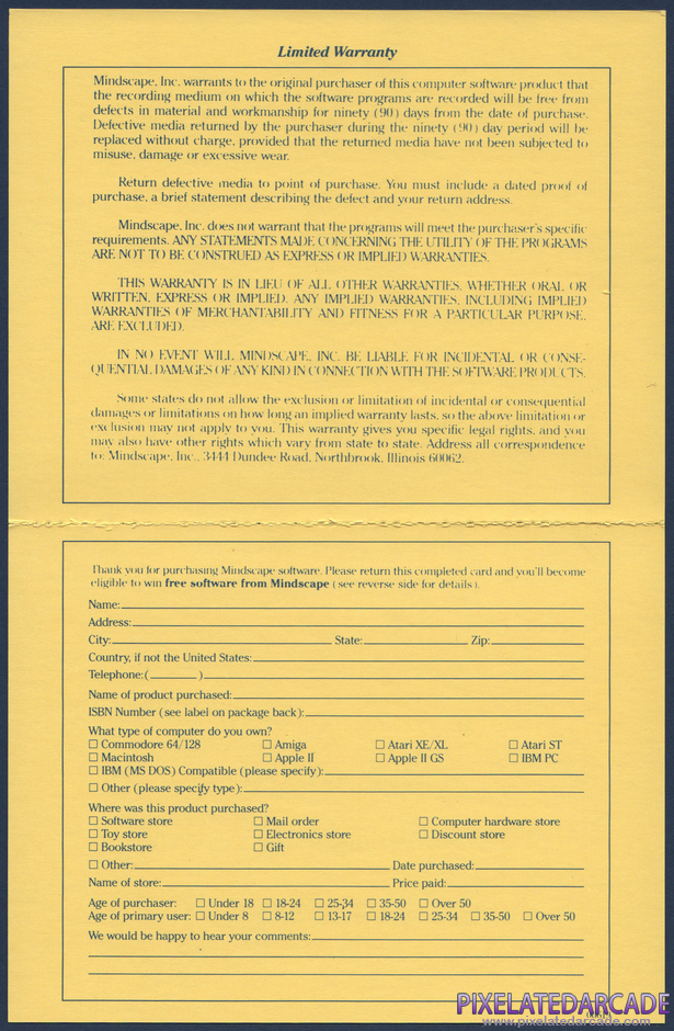 Fiendish Freddy's Big Top O' Fun Package Contents: Warranty registration card - Back Fiendish Freddy's Big Top O' Fun Package Contents: Warranty registration card - Back