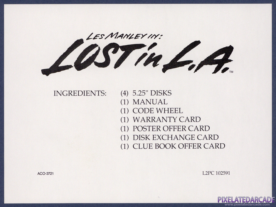 Les Manley in: Lost in L.A. Package Contents: Box contents card Les Manley in: Lost in L.A. Package Contents: Box contents card
