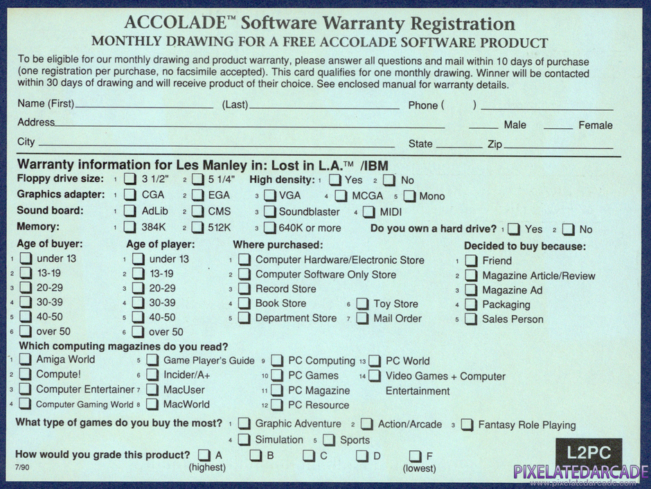 Les Manley in: Lost in L.A. Package Contents: Warranty registration card - Back Les Manley in: Lost in L.A. Package Contents: Warranty registration card - Back