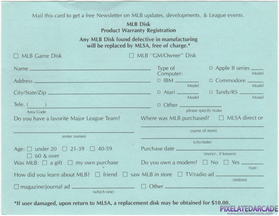 MicroLeague Baseball Package Contents: Warranty registration card - Back MicroLeague Baseball Package Contents: Warranty registration card - Back