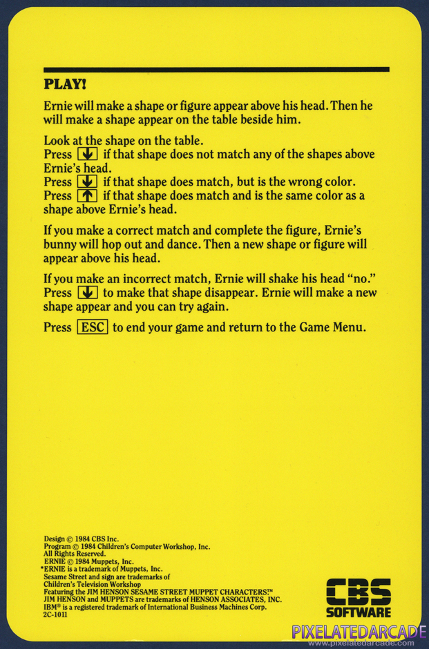 Ernie's Magic Shapes Package Contents: Reference card - Back Ernie's Magic Shapes Package Contents: Reference card - Back