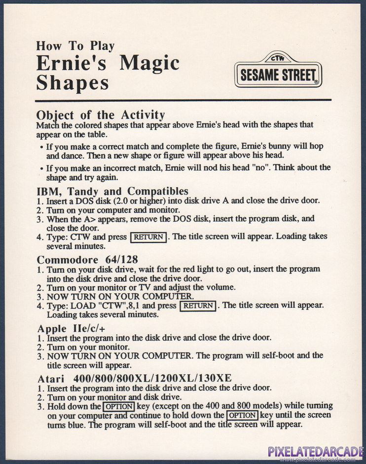 Ernie's Magic Shapes Package Contents: Technical addendum card - Front Ernie's Magic Shapes Package Contents: Technical addendum card - Front