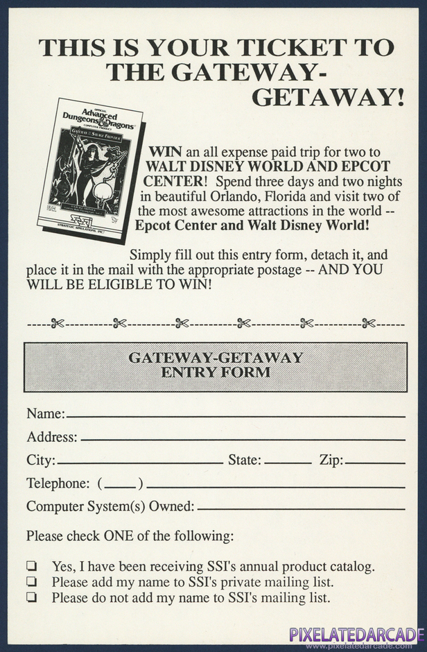 Gateway to the Savage Frontier Package Contents: Walt Disney World getaway registration card - Front Gateway to the Savage Frontier Package Contents: Walt Disney World getaway registration card - Front