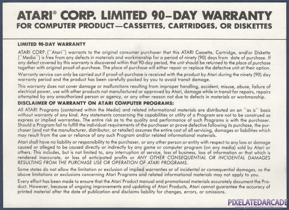 Moon Patrol Package Contents: Warranty information card - Back Moon Patrol Package Contents: Warranty information card - Back