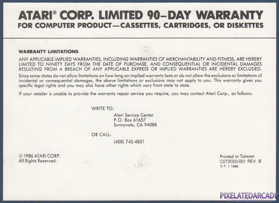 Moon Patrol Package Contents: Warranty information card - Front Moon Patrol Package Contents: Warranty information card - Front