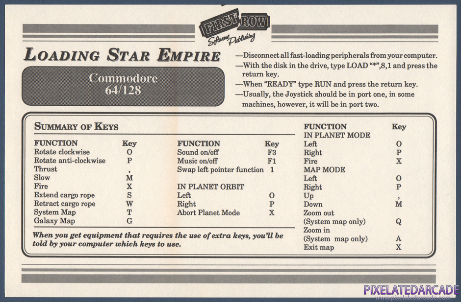 Star Empire Package Contents: Commodore 64 version addendum - Front Star Empire Package Contents: Commodore 64 version addendum - Front