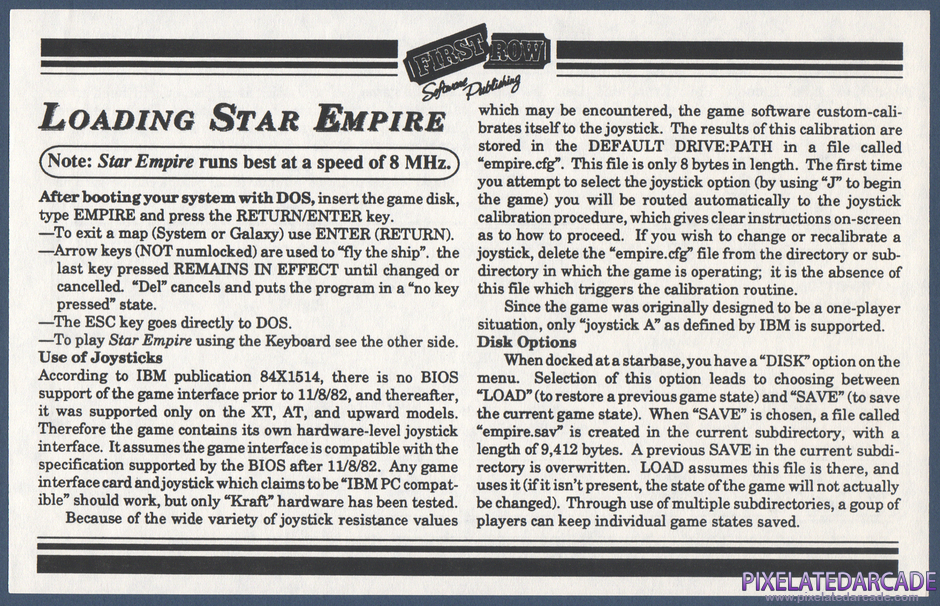 Star Empire Package Contents: IBM PC version addendum - Front
