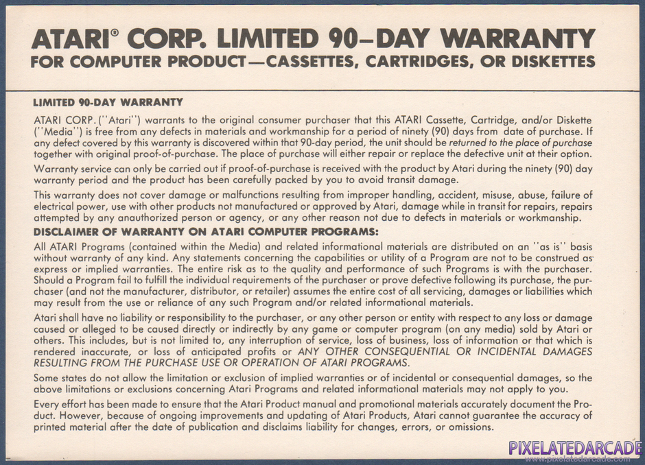 Ms. Pac-Man Package Contents: Warranty information card - Back