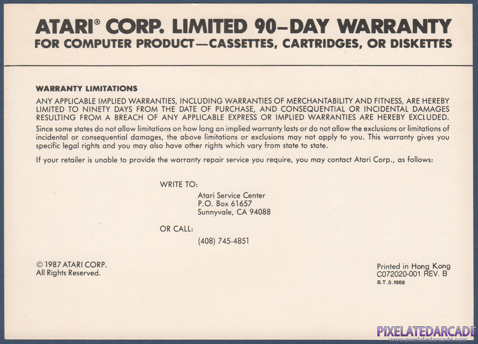 Ms. Pac-Man Package Contents: Warranty information card - Front Ms. Pac-Man Package Contents: Warranty information card - Front