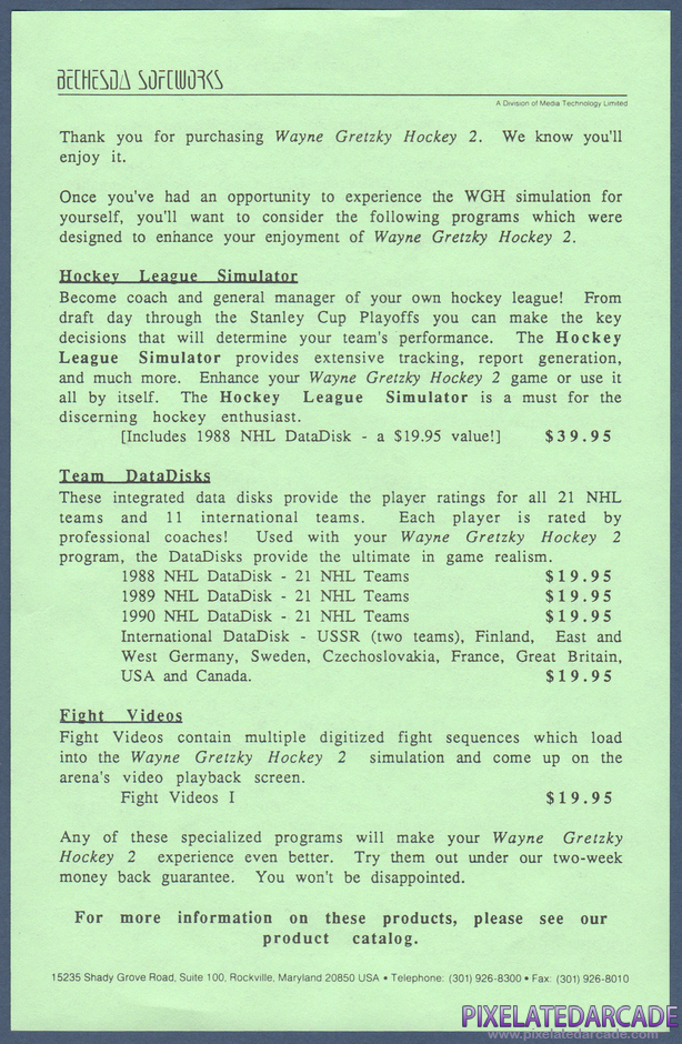 Wayne Gretzky Hockey 2 Package Contents: Bethesda Softworks advertising sheet - Front Wayne Gretzky Hockey 2 Package Contents: Bethesda Softworks advertising sheet - Front