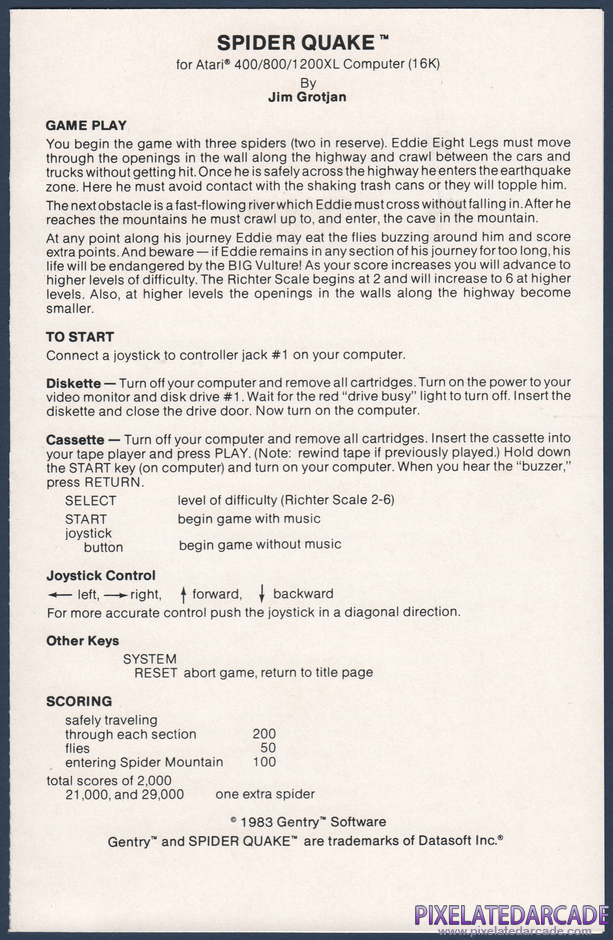 Spider Quake Package Contents: Instruction manual and registration card - Page 1 Spider Quake Package Contents: Instruction manual and registration card - Page 1