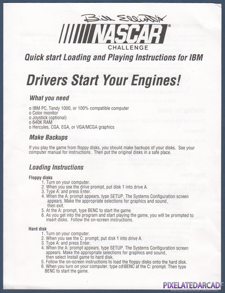 Bill Elliott's NASCAR Challenge Package Contents: IBM version reference sheet - Page 1 Bill Elliott's NASCAR Challenge Package Contents: IBM version reference sheet - Page 1
